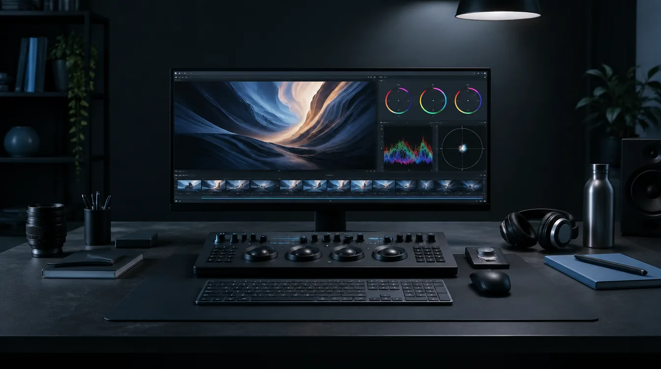 Conceptual editorial photograph of a dark film-editing and color-grading workspace