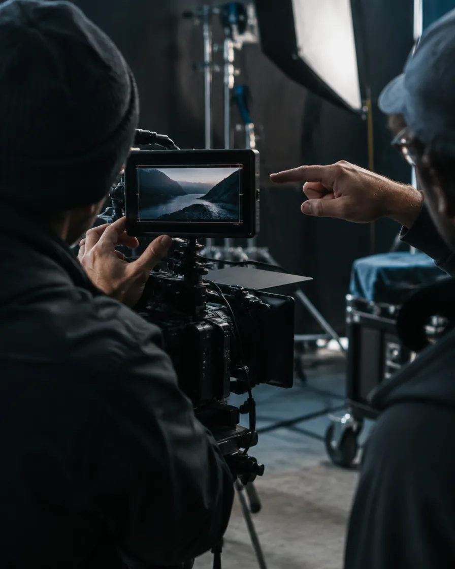 Conceptual behind-the-scenes scene of two anonymous creatives reviewing a camera monitor