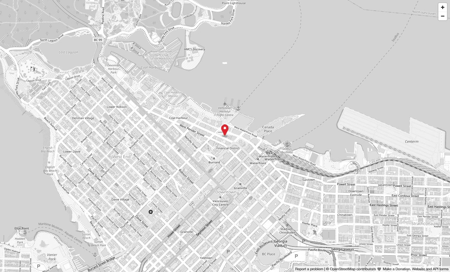 Black and white street map with a red pin at 1055 W Hastings St in Vancouver's Financial District