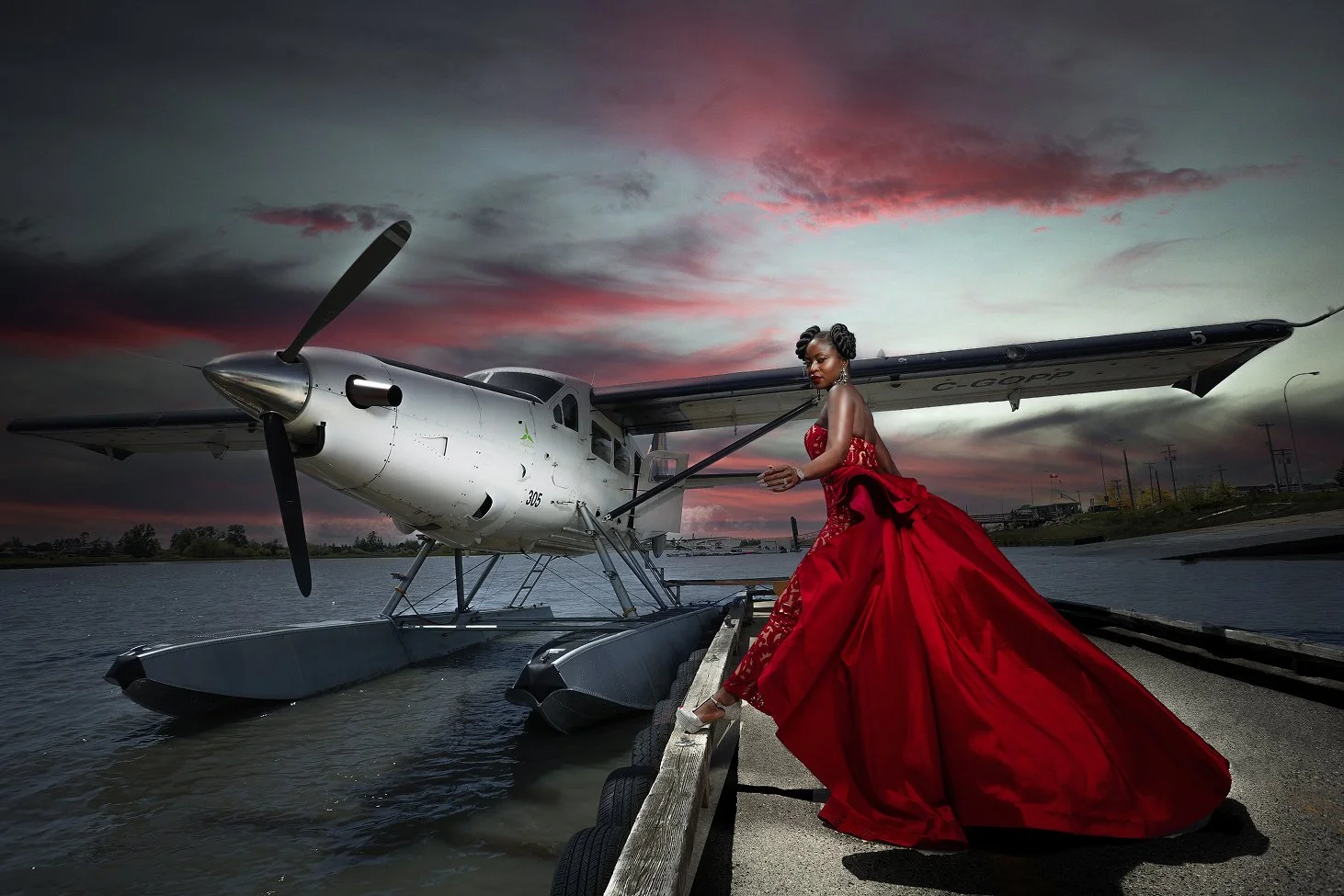 Cinematic portrait beside a seaplane