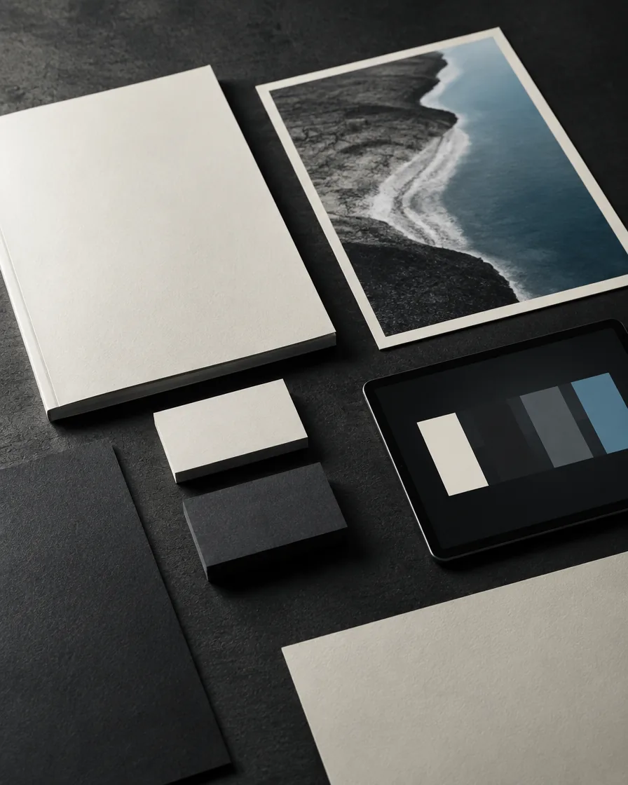 Conceptual branding flat lay with blank printed materials and a digital color palette