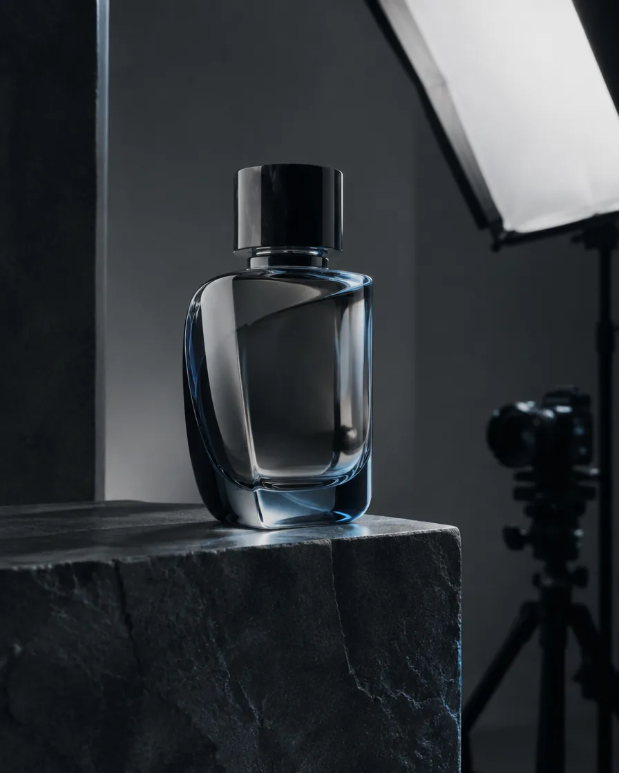 Conceptual product photography studio with a glass bottle on a dark pedestal