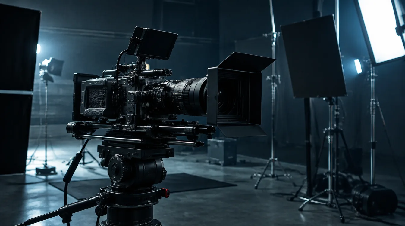 Conceptual studio photograph of a professional cinema camera on a stabilized rig