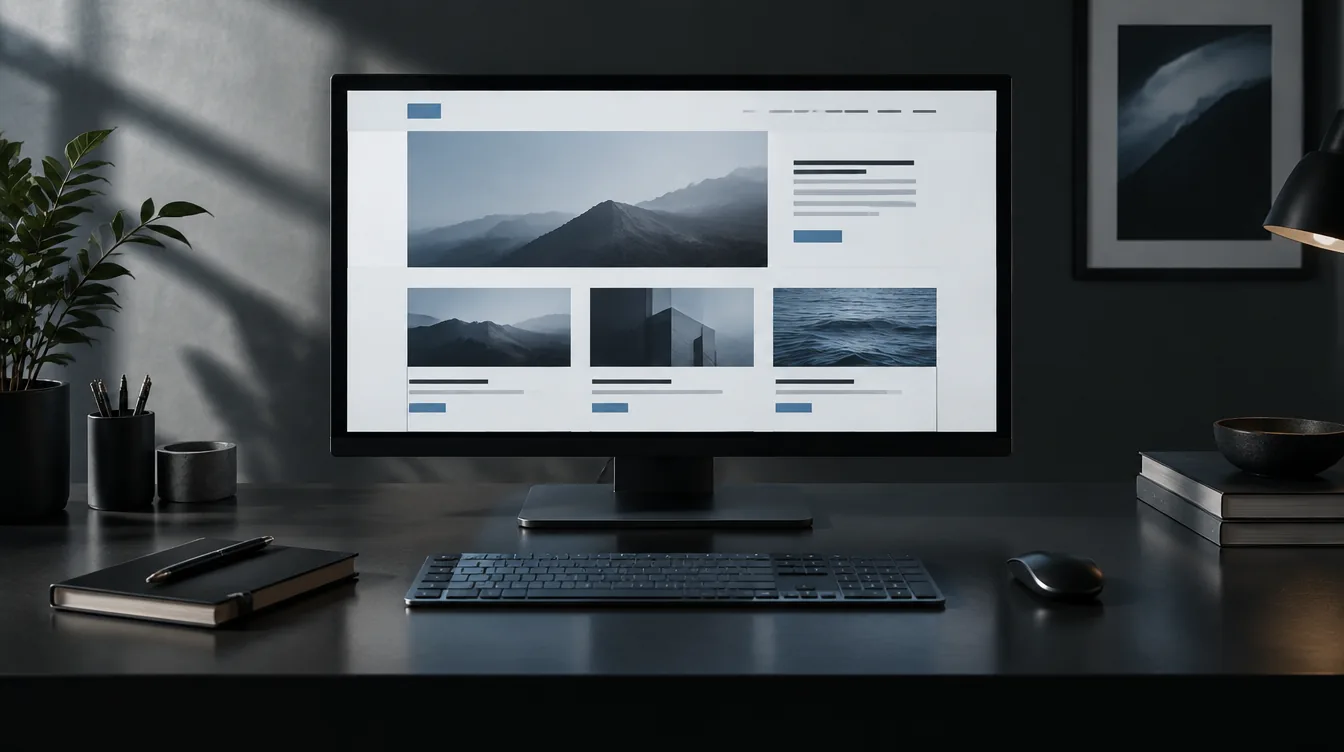Conceptual web design workspace with a minimal monitor and abstract page layout